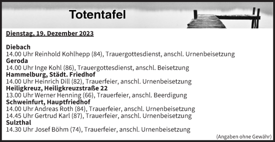 Anzeige von Totentafel vom 19.12.2023 von MGO
