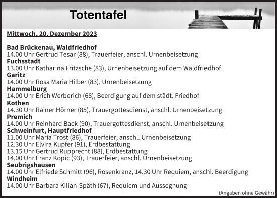 Anzeige von Totentafel vom 20.12.2023 von MGO