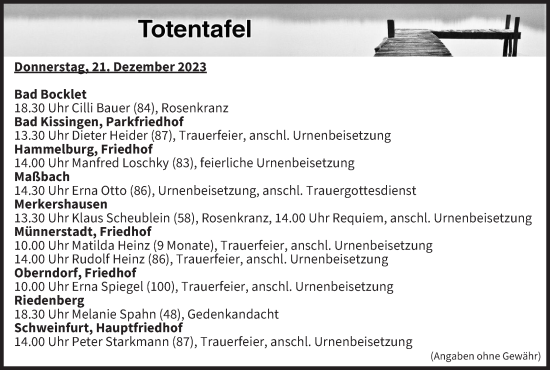 Anzeige von Totentafel vom 21.12.2023 von MGO