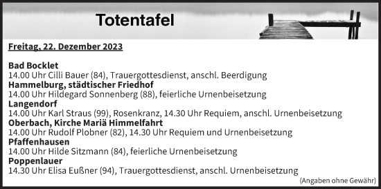 Anzeige von Totentafel vom 22.12.2023 von MGO