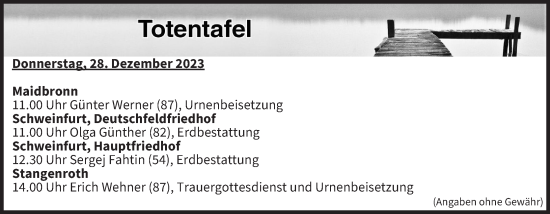 Anzeige von Totentafel vom 28.12.2023 von MGO