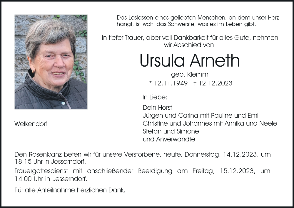  Traueranzeige für Ursula Arneth vom 14.12.2023 aus MGO