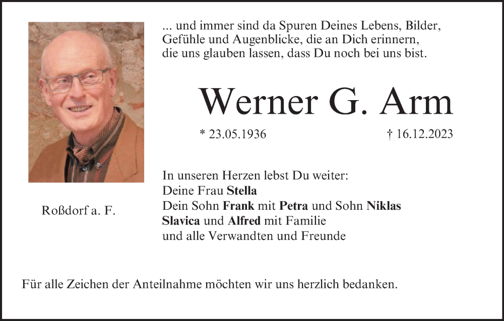  Traueranzeige für Werner G. Arm vom 23.12.2023 aus MGO