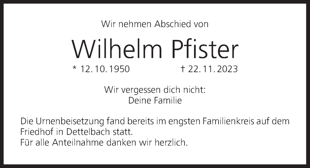  Traueranzeige für Wilhelm Pfister vom 16.12.2023 aus MGO