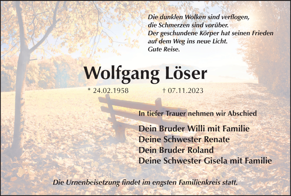  Traueranzeige für Wolfgang Löser vom 09.12.2023 aus MGO