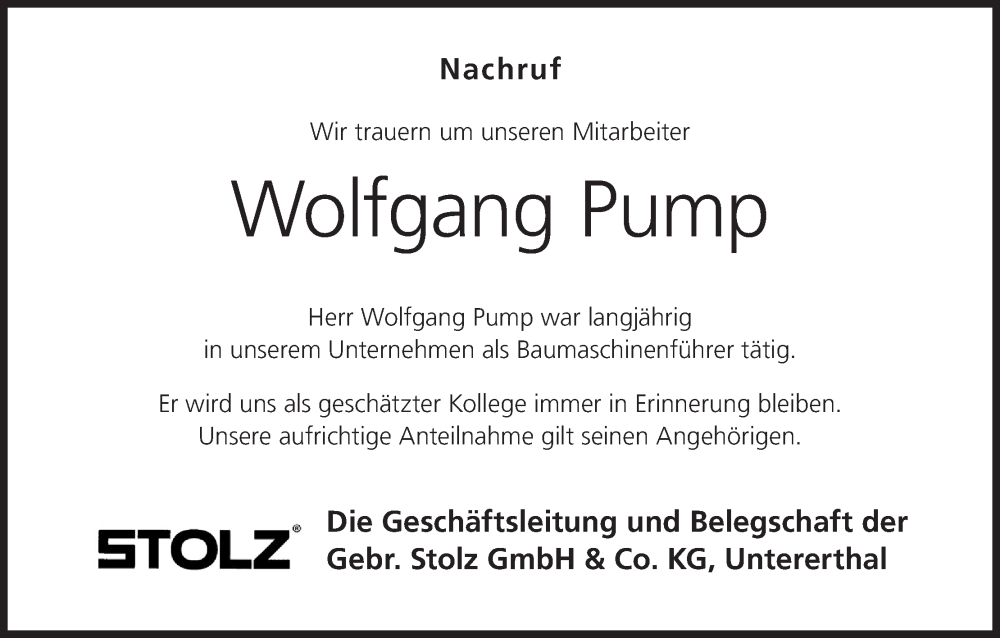  Traueranzeige für Wolfgang Pump vom 23.12.2023 aus MGO