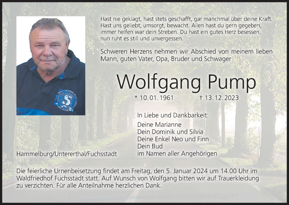  Traueranzeige für Wolfgang Pump vom 23.12.2023 aus MGO