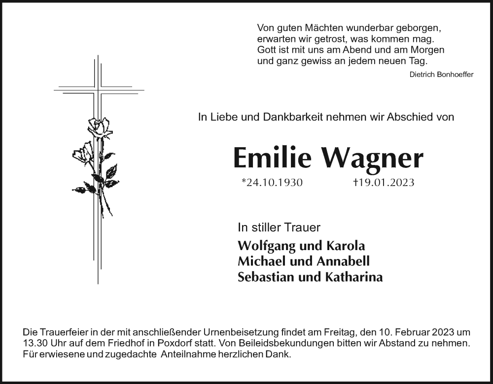 Emilie Wagner | Traueranzeige | trauer.inFranken.de