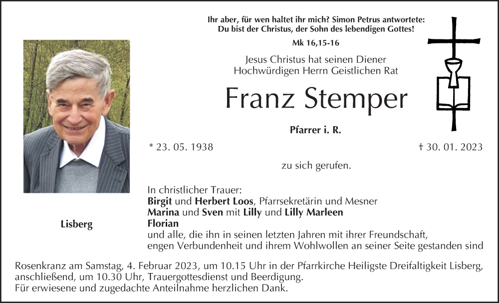  Traueranzeige für Franz Stemper vom 01.02.2023 aus MGO