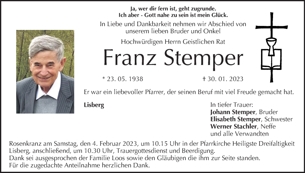  Traueranzeige für Franz Stemper vom 02.02.2023 aus MGO
