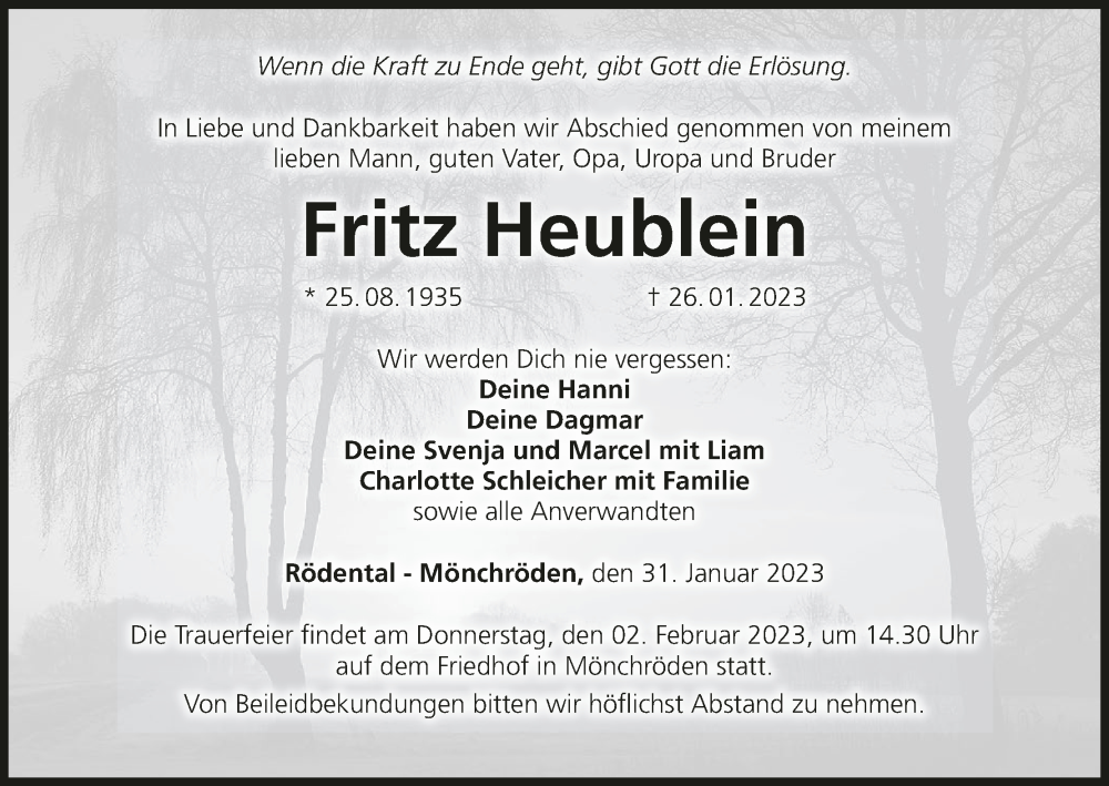  Traueranzeige für Fritz Heublein vom 31.01.2023 aus MGO