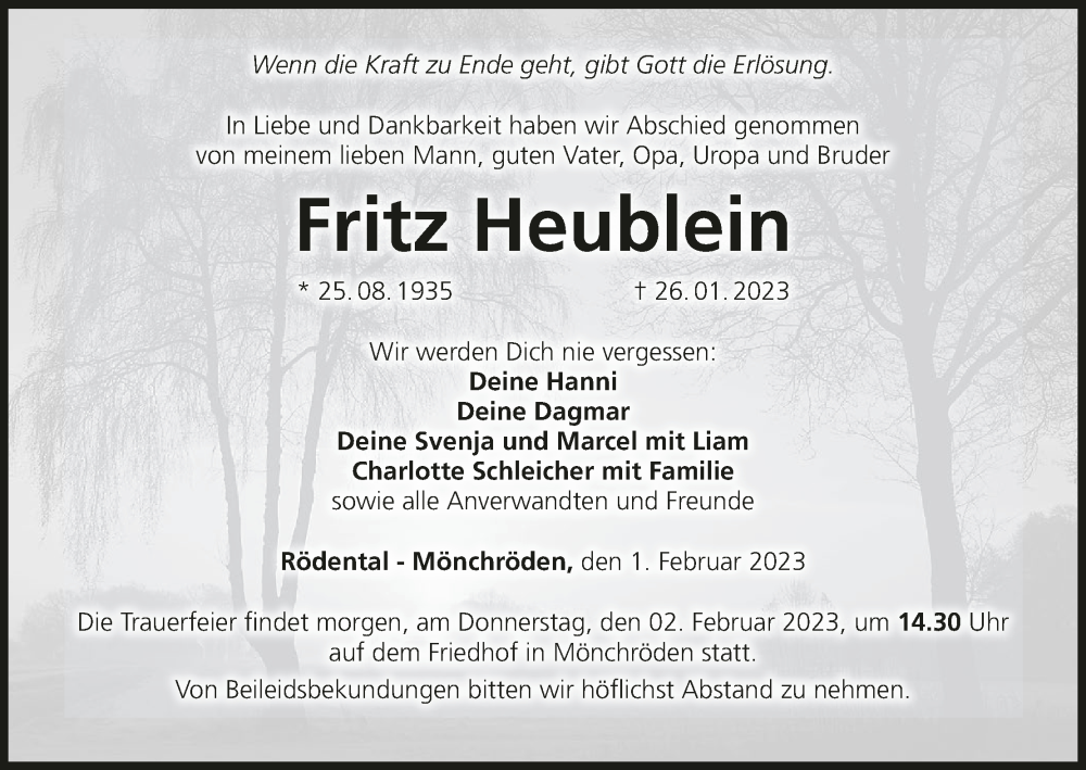  Traueranzeige für Fritz Heublein vom 01.02.2023 aus MGO