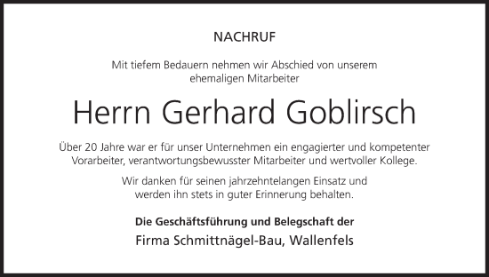 Anzeige von Gerhard Goblirsch von MGO