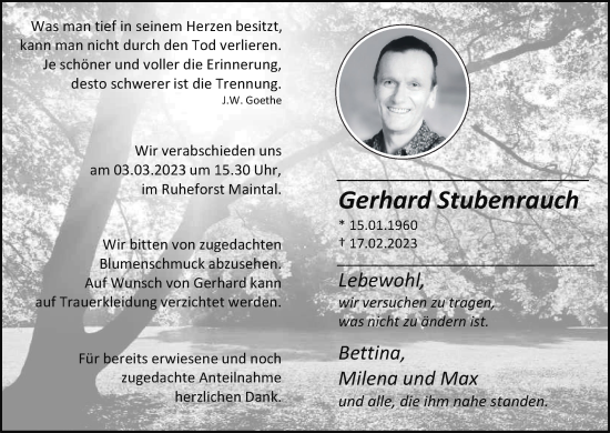 Anzeige von Gerhard Stubenrauch von MGO