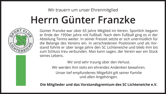 Anzeige von Günter Franzke von MGO