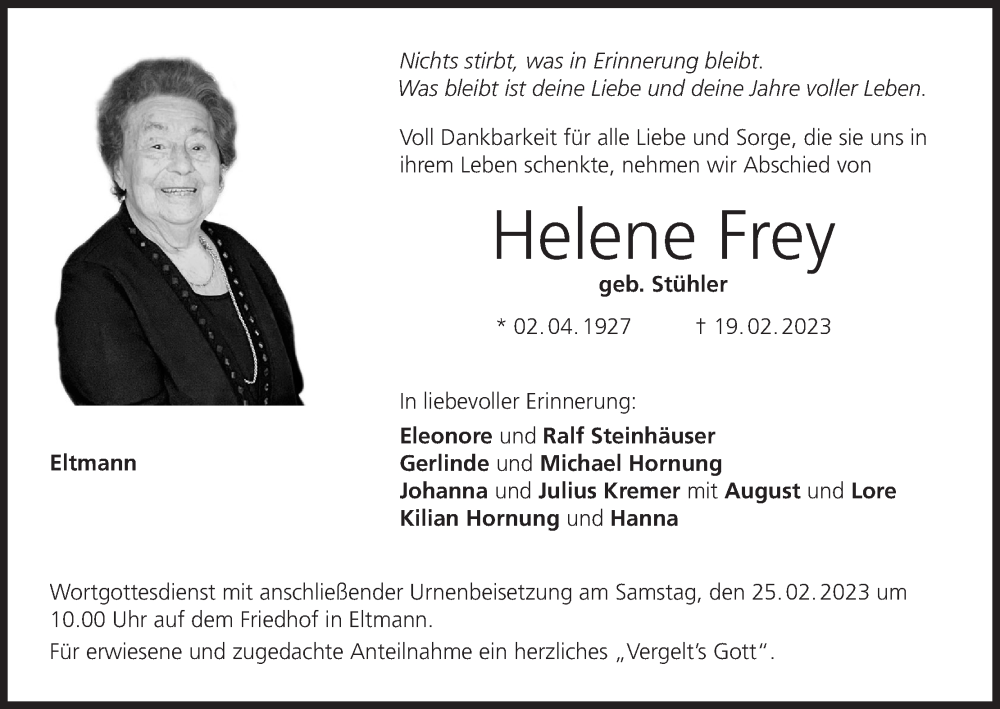  Traueranzeige für Helene Frey vom 23.02.2023 aus MGO