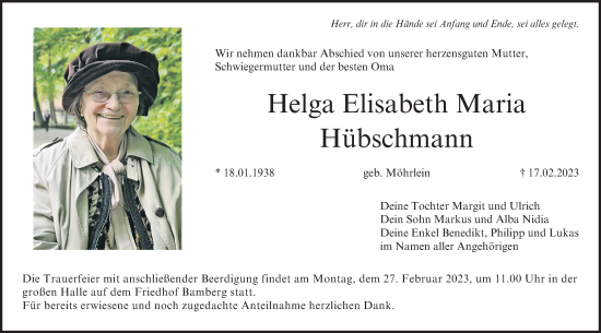 Anzeige von Helga Elisabeth Maria Hübschmann von MGO