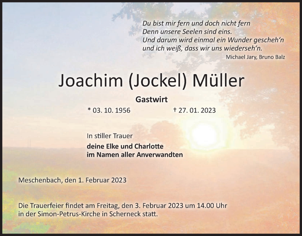  Traueranzeige für Joachim Müller vom 01.02.2023 aus MGO