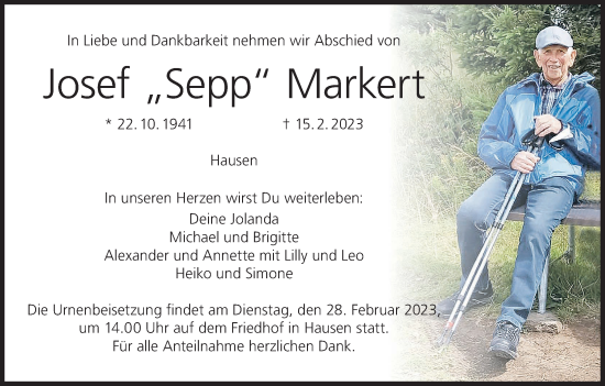 Anzeige von Josef  Markert von MGO