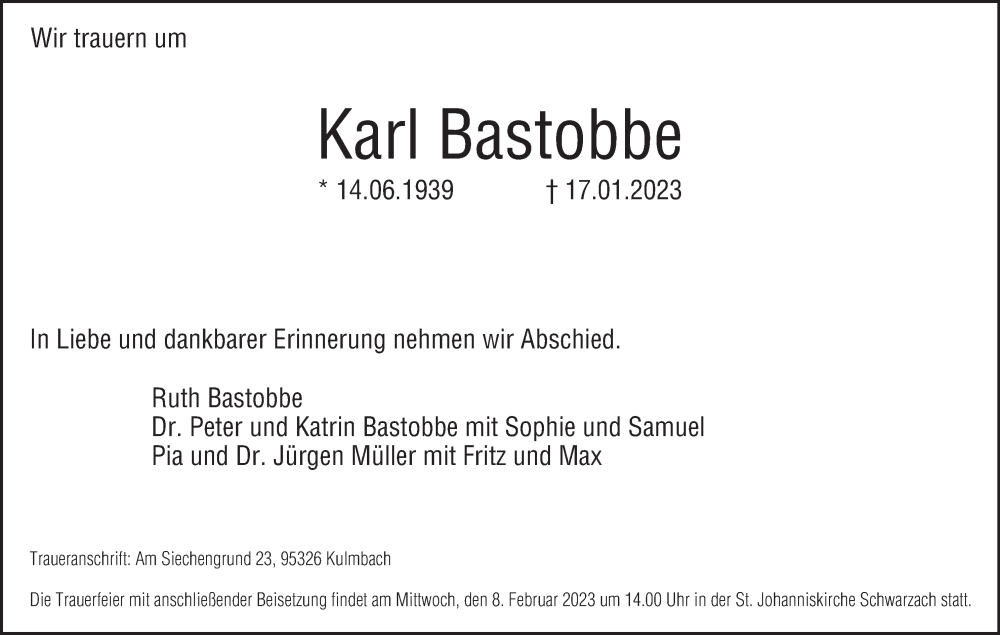  Traueranzeige für Karl Bastobbe vom 04.02.2023 aus MGO