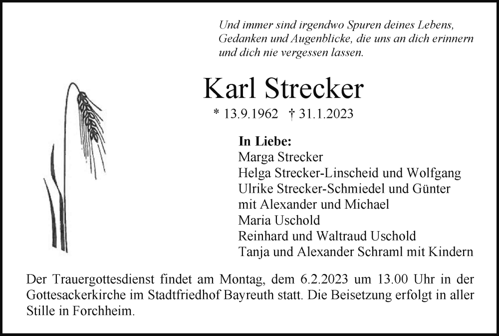  Traueranzeige für Karl Strecker vom 03.02.2023 aus MGO