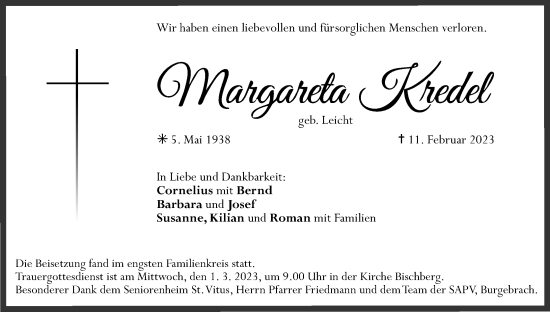 Anzeige von Margareta Kredel von MGO