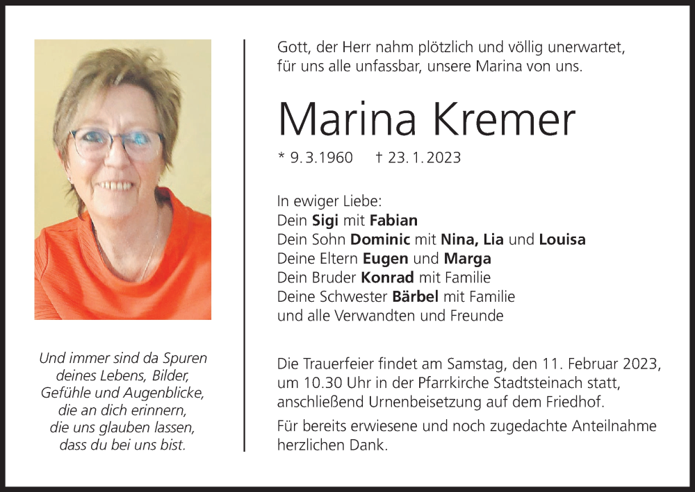  Traueranzeige für Marina Kremer vom 04.02.2023 aus MGO