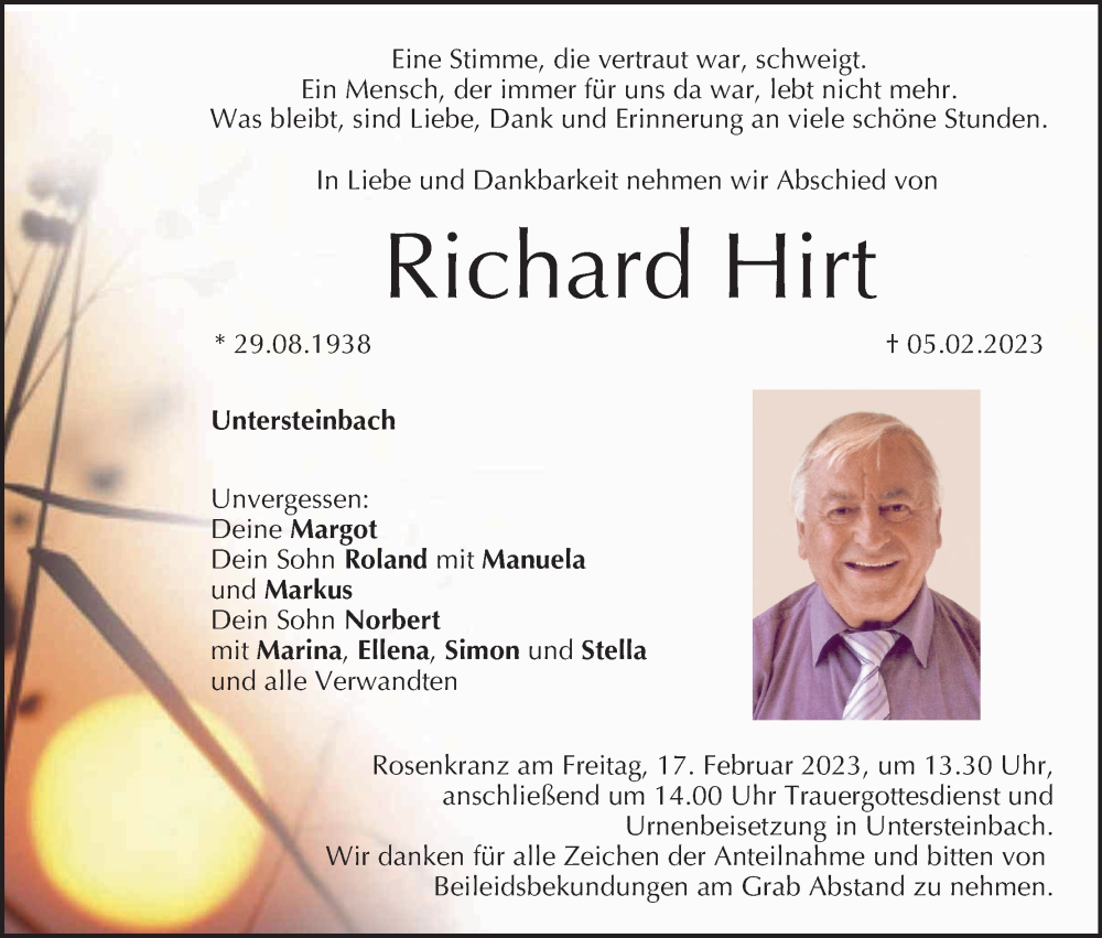  Traueranzeige für Richard Hirt vom 11.02.2023 aus MGO