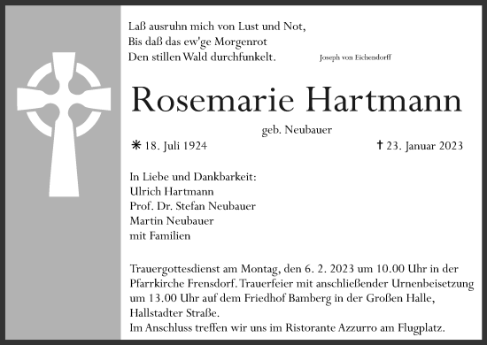 Anzeige von Rosemarie Hartmann von MGO