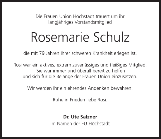 Anzeige von Rosemarie Schulz von MGO