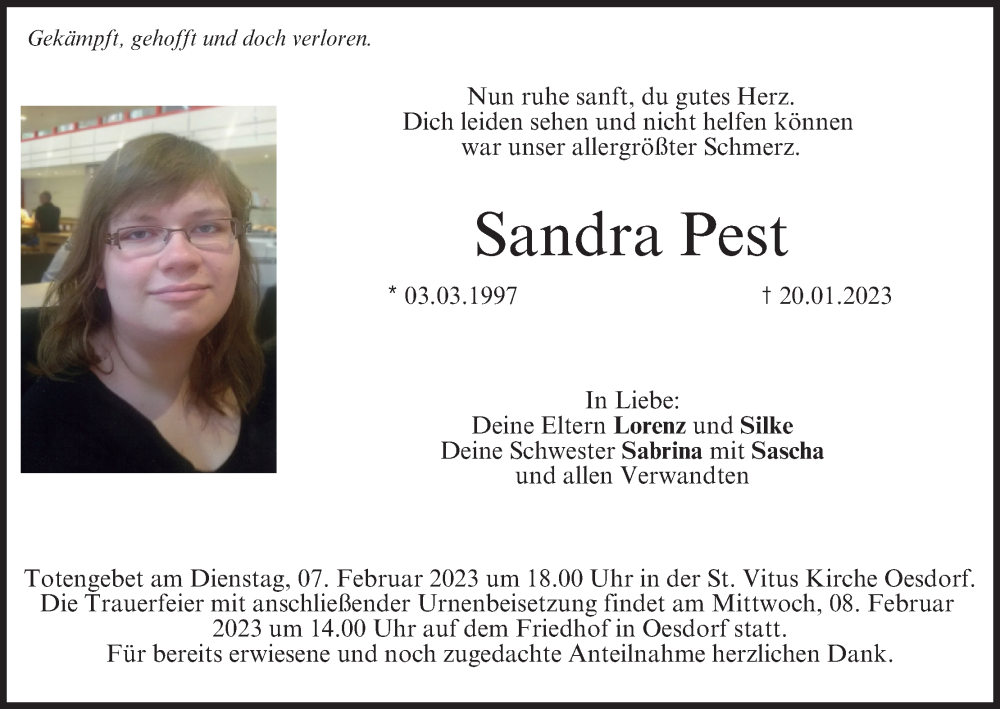  Traueranzeige für Sandra Pest vom 03.02.2023 aus MGO