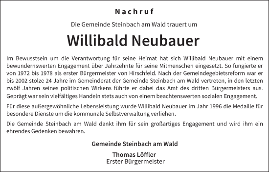 Anzeige von Willibald Neubauer von MGO