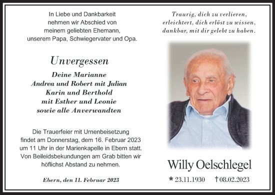 Willy Oelschlegel | Traueranzeige | Trauer.inFranken.de