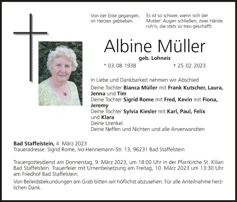  Traueranzeige für Albine Müller vom 04.03.2023 aus MGO