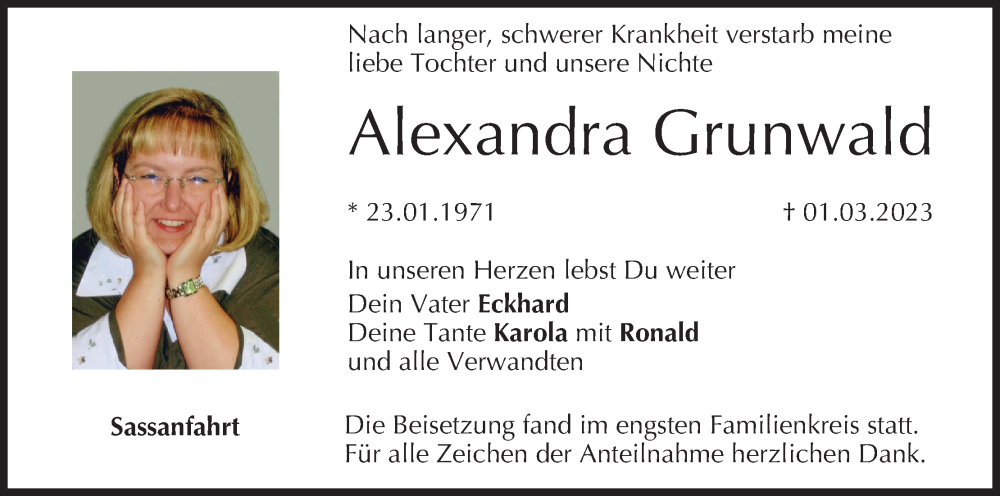  Traueranzeige für Alexandra Grunwald vom 18.03.2023 aus MGO