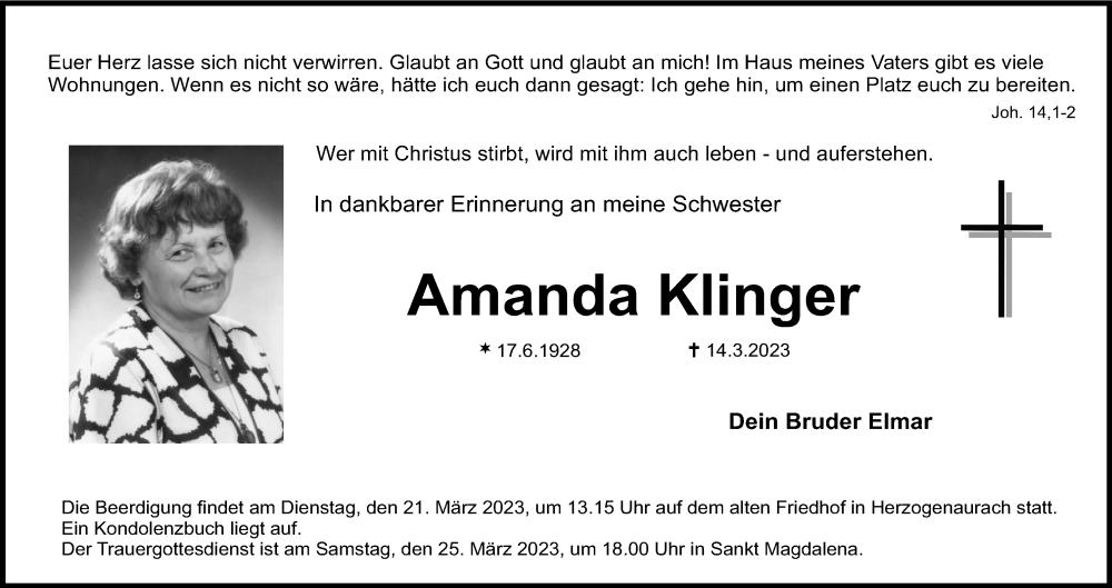  Traueranzeige für Amanda Klinger vom 18.03.2023 aus MGO