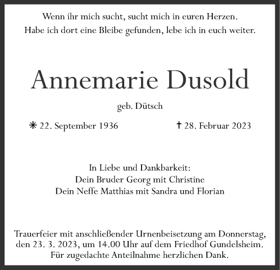 Anzeige von Annemarie Dusold von MGO