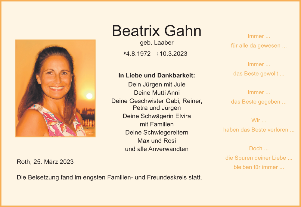  Traueranzeige für Beatrix Gahn vom 25.03.2023 aus MGO