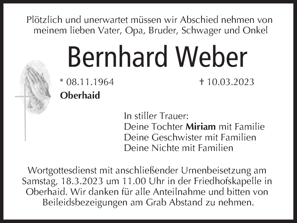  Traueranzeige für Bernhard Weber vom 16.03.2023 aus MGO
