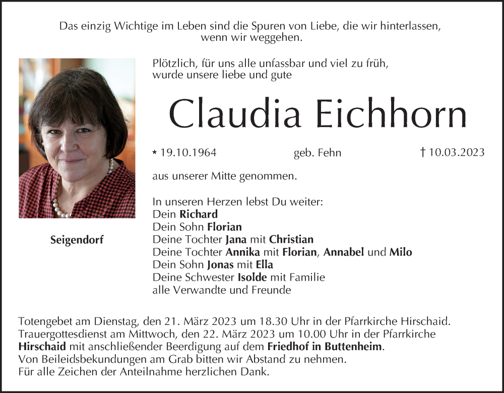  Traueranzeige für Claudia Eichhorn vom 18.03.2023 aus MGO