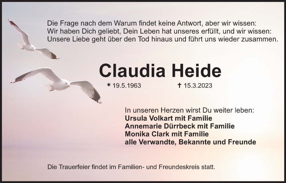  Traueranzeige für Claudia Heide vom 18.03.2023 aus MGO