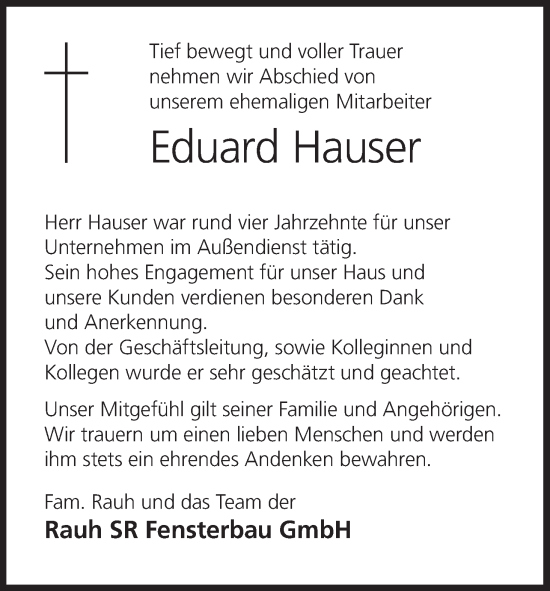Anzeige von Eduard Hauser von MGO