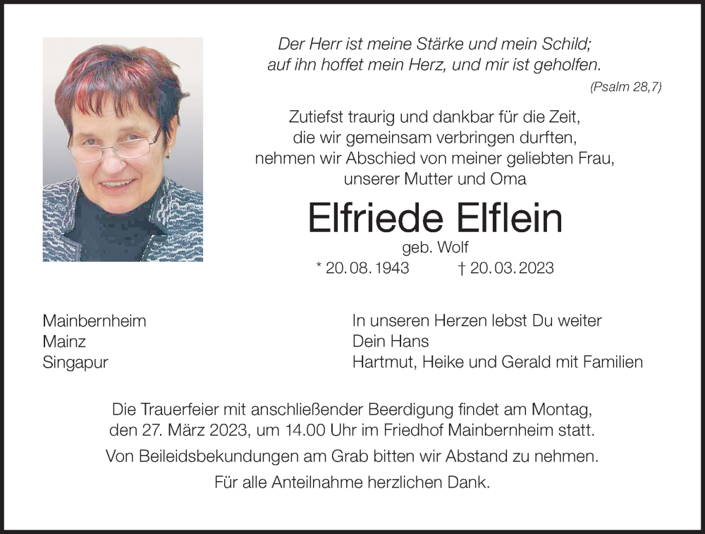  Traueranzeige für Elfriede Elflein vom 24.03.2023 aus MGO