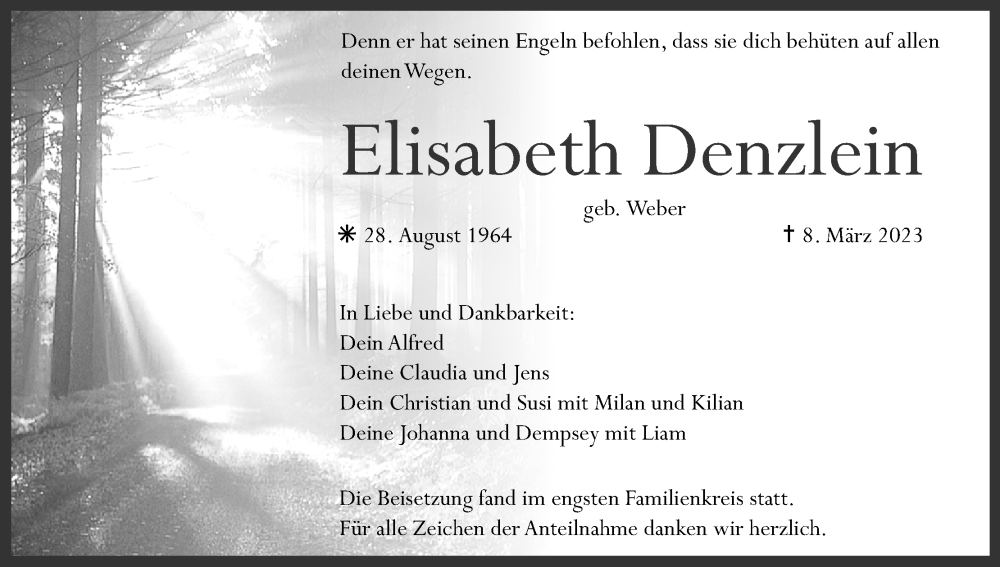  Traueranzeige für Elisabeth Denzlein vom 25.03.2023 aus MGO