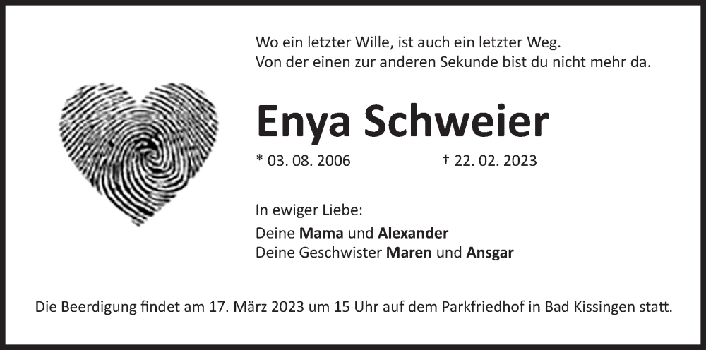  Traueranzeige für Enya Schweier vom 04.03.2023 aus MGO