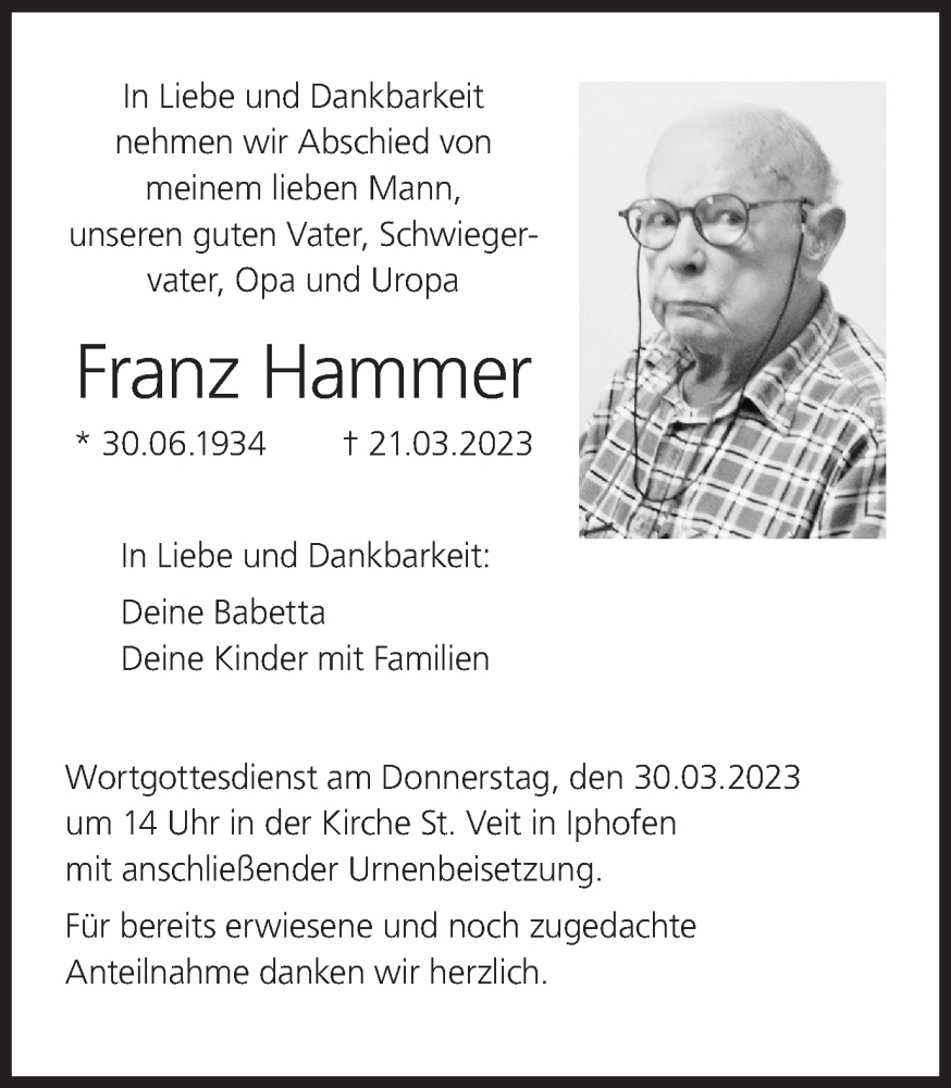  Traueranzeige für Franz Hammer vom 25.03.2023 aus MGO