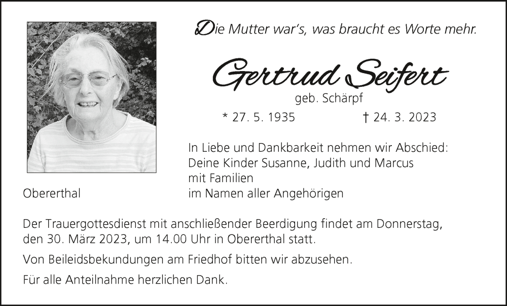  Traueranzeige für Gertrud Seifert vom 28.03.2023 aus MGO