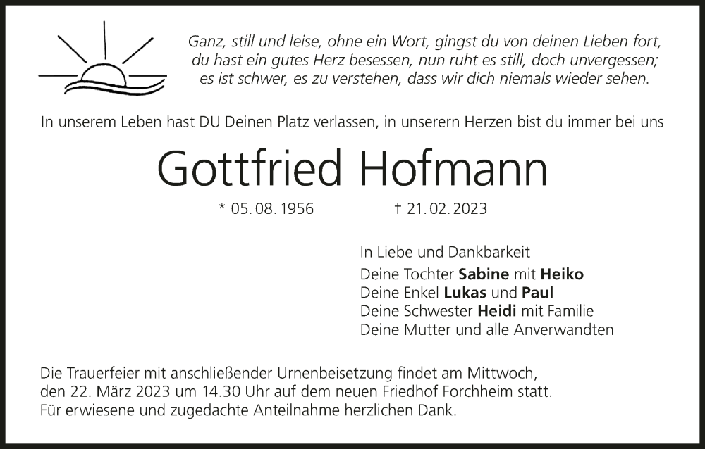  Traueranzeige für Gottfried Hofmann vom 18.03.2023 aus MGO