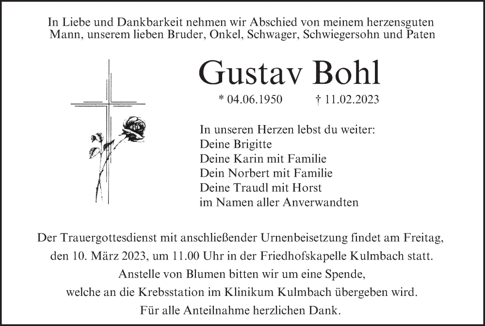  Traueranzeige für Gustav Bohl vom 07.03.2023 aus MGO