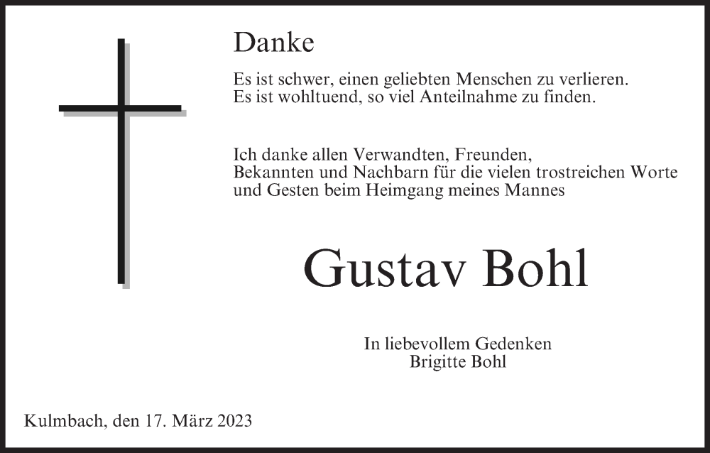  Traueranzeige für Gustav Bohl vom 17.03.2023 aus MGO